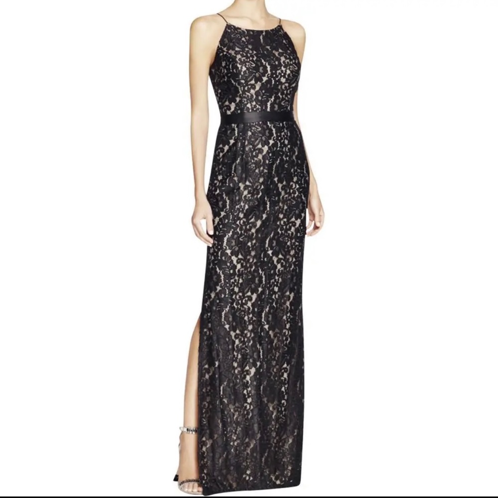 Aidan Mattox Womens Lace Overlay Spaghetti Straps Evening Dress Black